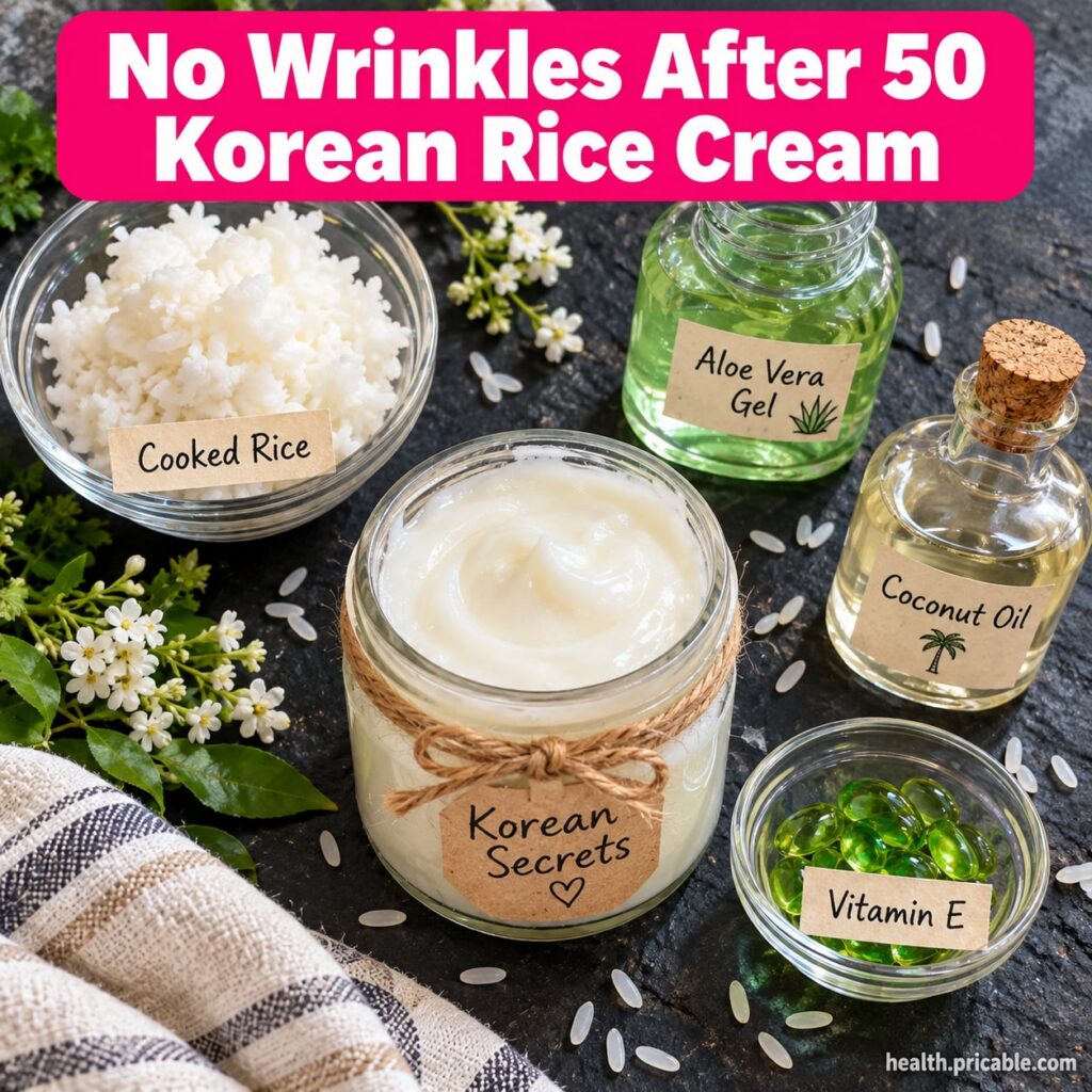 A small glass jar filled with homemade Korean rice cream with a few grains of rice scattered next to it on a natural woo