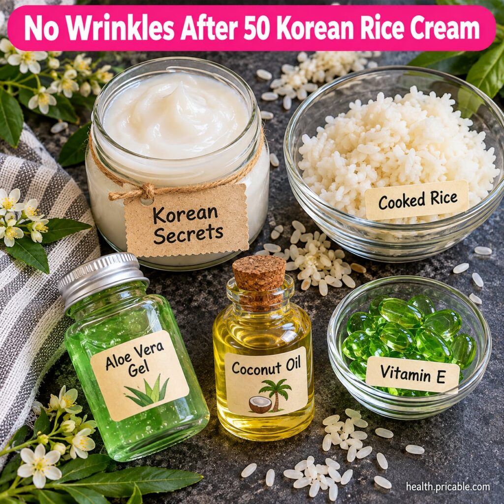 Ingredients for making Korean rice cream including a bowl of white rice a container of water and a small bottle of almon