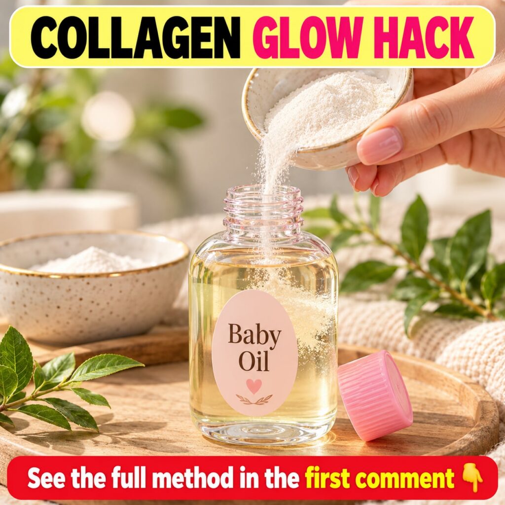 A woman gently applying a DIY beauty mixture to her face with small bottles of baby oil and a collagen serum visible on 