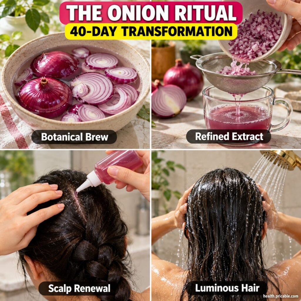 Fresh red onions and a bowl of prepared onion juice representing the main ingredient of the hair ritual