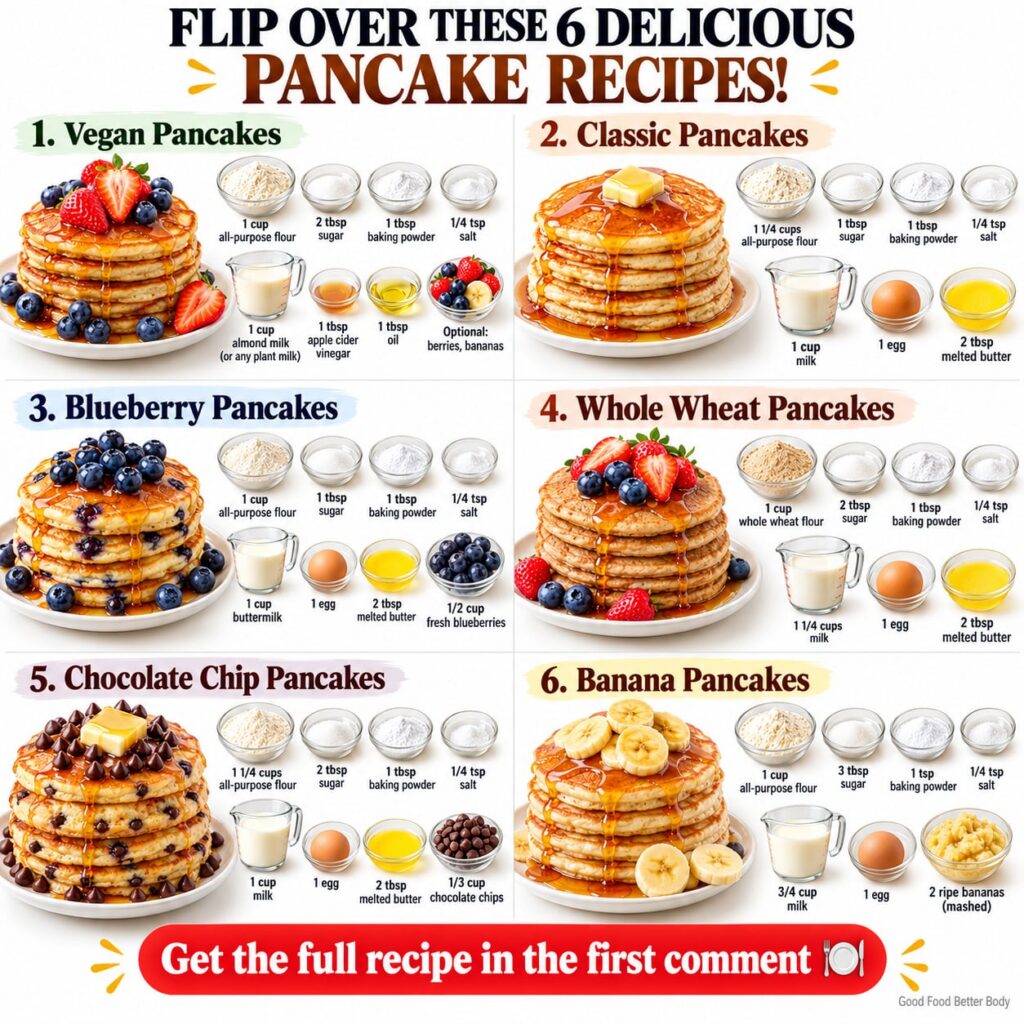 A vibrant spread of six different pancake stacks each representing a different recipe classic whole wheat vegan banana b