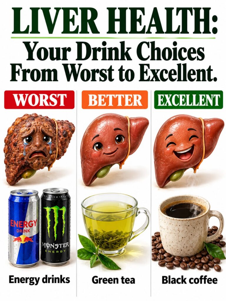 A visual representation of drinks categorized from Worst to Excellent for liver health featuring unhealthy options like 