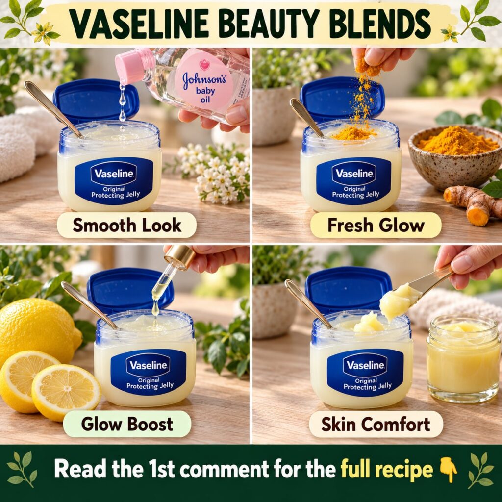 A beautiful woman applying Vaseline gently to her face showing glowing smooth skin The jar of Vaseline is visible in the