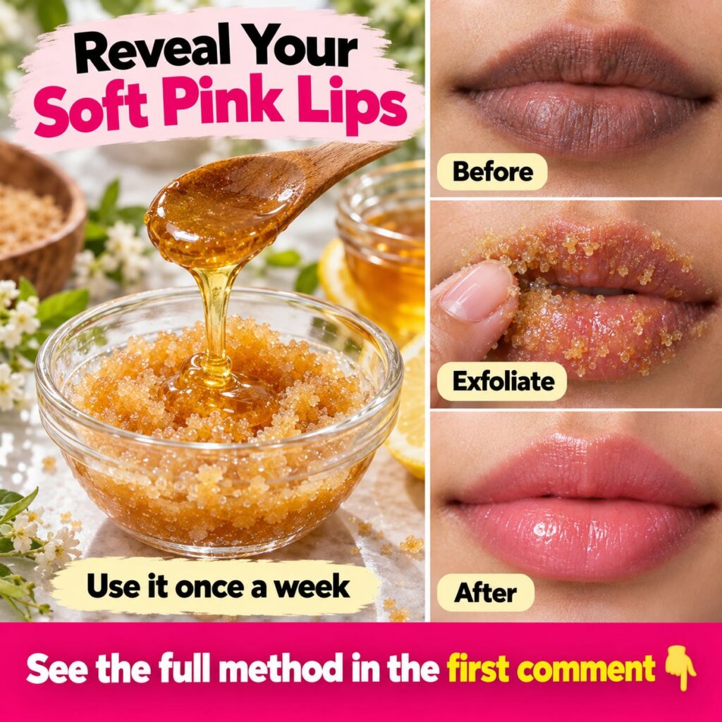 A close-up of a DIY sugar and honey lip scrub in a small bowl with a finger or spoon scooping a small amount suggesting 