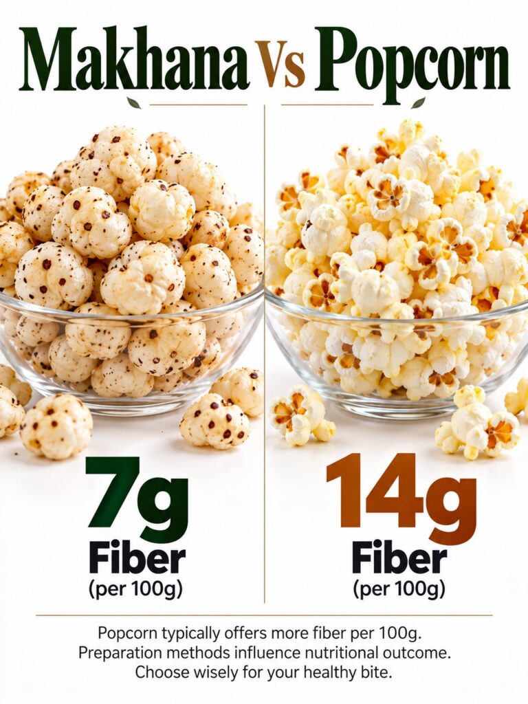 A bowl of air-popped popcorn next to a bowl of dry-roasted makhana fox nuts with a visually appealing presentation highl