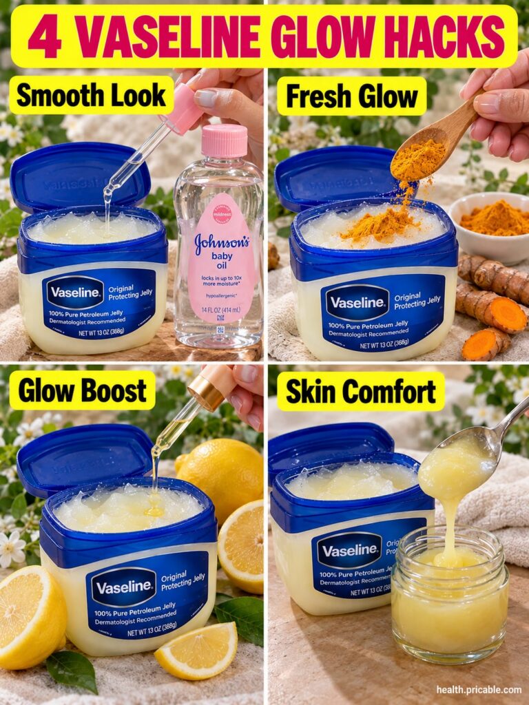 A woman applying a Vaseline-based DIY mix to her face with a soft natural glow on her skin