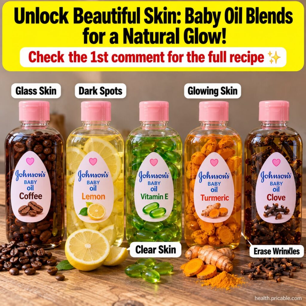 A collection of small glass bottles filled with various DIY baby oil blends alongside bowls of fresh ingredients like co