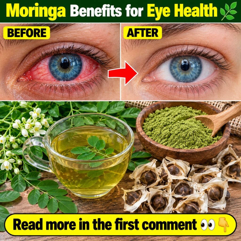 A close-up of fresh green moringa leaves and a small bowl of moringa powder with a glass of green smoothie in the backgr