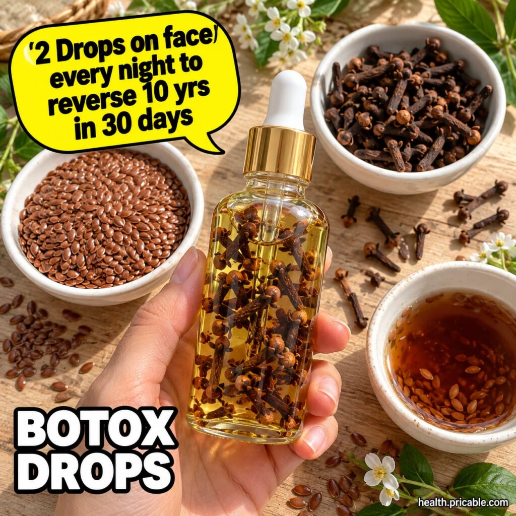 A close-up of a small glass dropper bottle filled with a light amber oil next to a small pile of whole cloves and flaxse