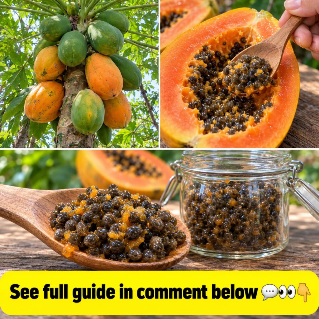 A whole ripe papaya cut in half showing the vibrant orange flesh and the black seeds in the center ready to be scooped o