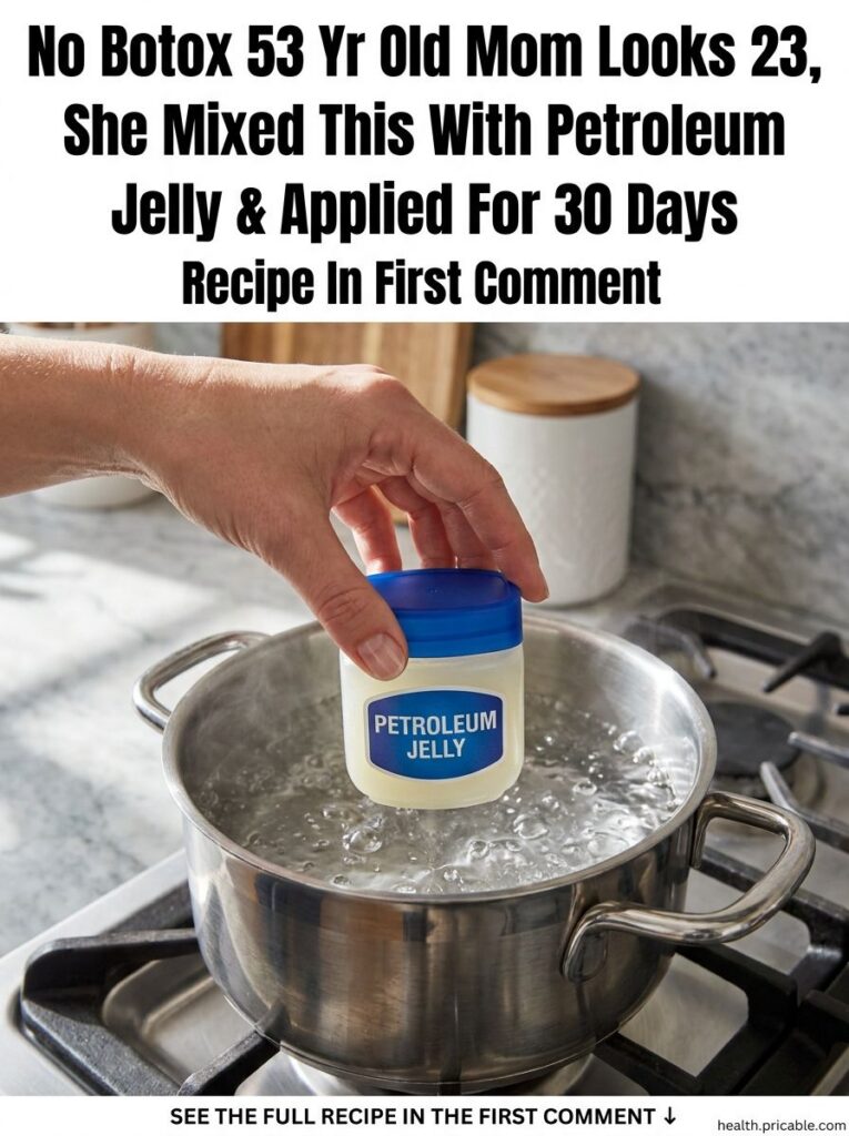 A small glass jar filled with a Vaseline-based anti-aging mix with a few Vitamin E capsules next to it The setting is br