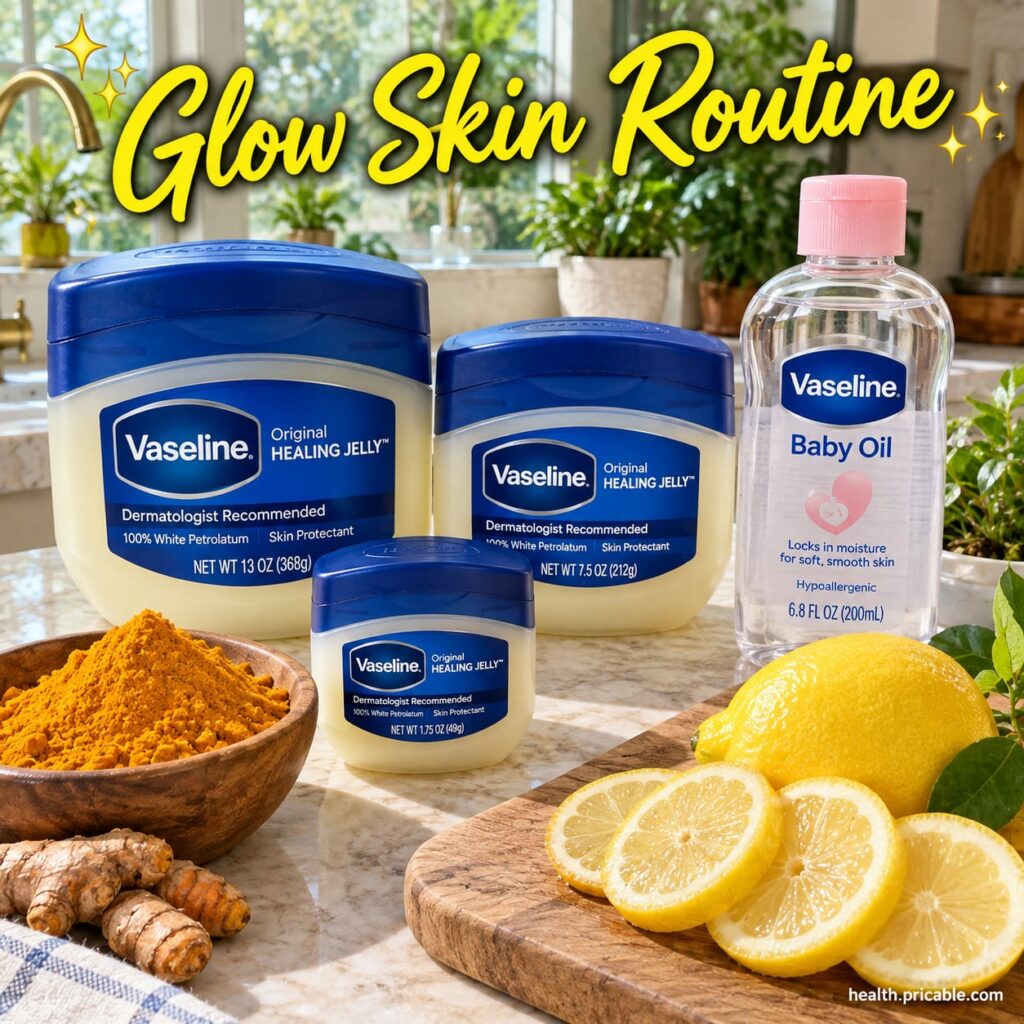 A small bowl containing a yellow paste made from Vaseline turmeric and lemon with fresh lemon slices and a container of 