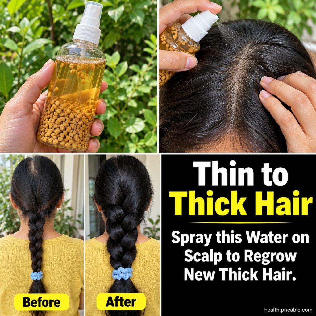 A clear glass spray bottle filled with a light amber fenugreek hair spray with some dried fenugreek seeds scattered arou