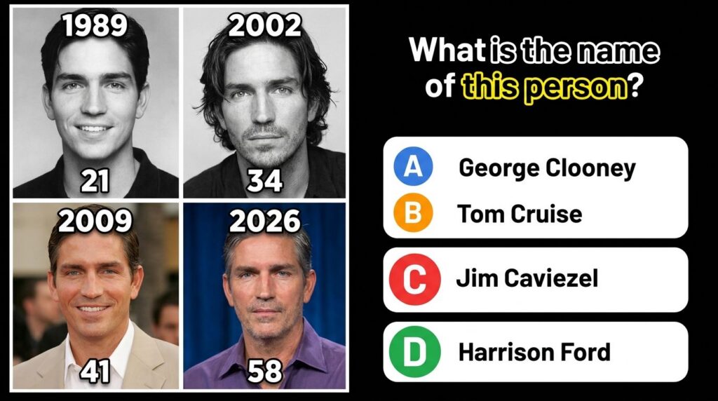 A visual montage of Tom Cruise through different stages of his career showing iconic roles from his early days in the 80