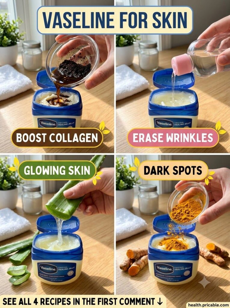 A close-up shot of small jars containing various Vaseline beauty mixes one with coffee grounds one with a yellow turmeri