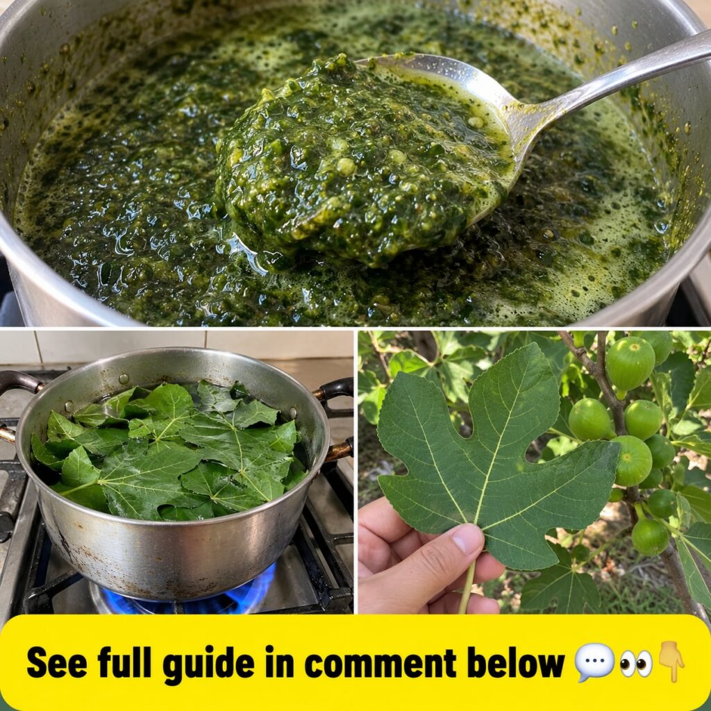 Close-up of fresh vibrant green fig leaves possibly with a mortar and pestle or food processor in the background hinting