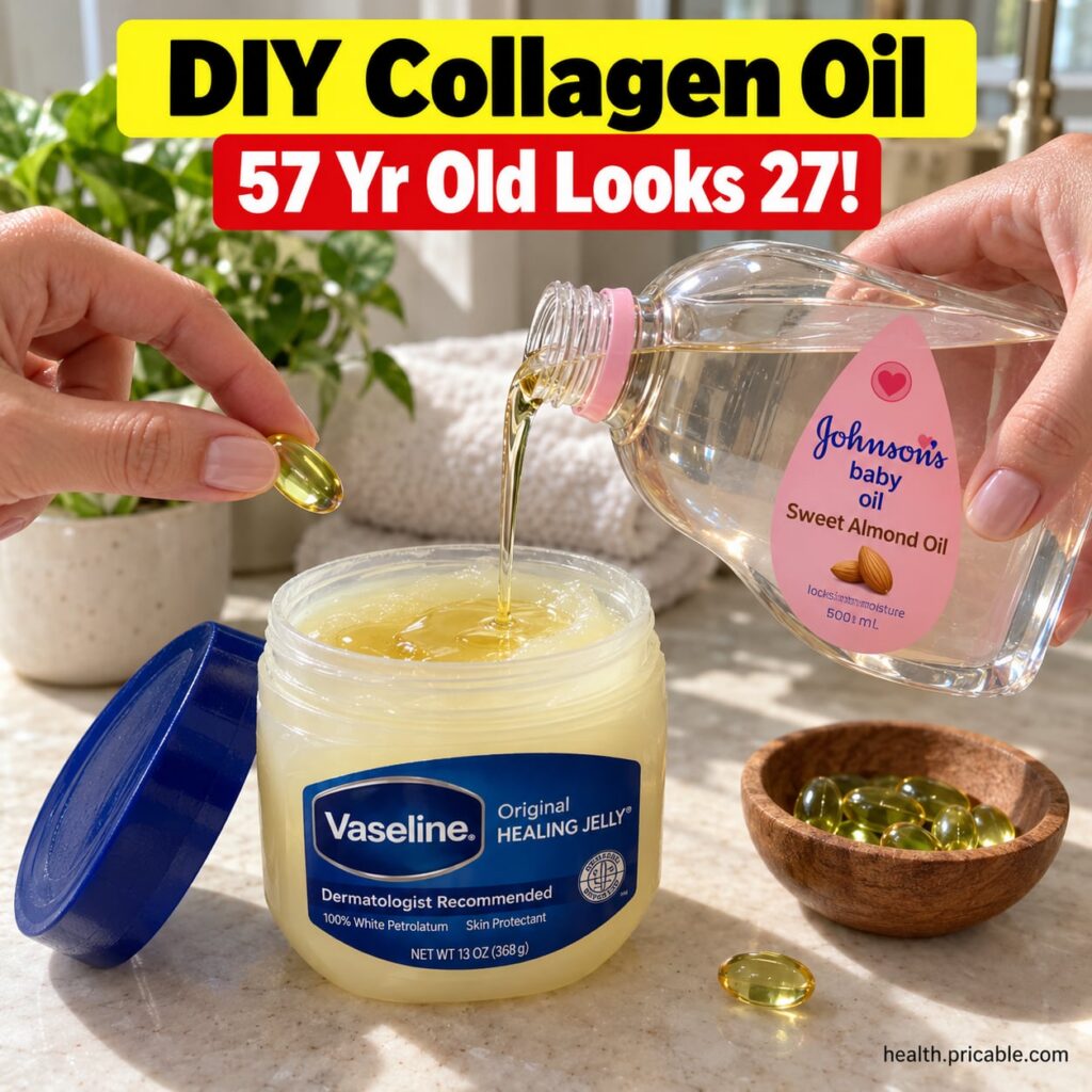Ingredients for a DIY collagen-supporting balm including a jar of Vaseline a bottle of almond oil and vitamin E capsules