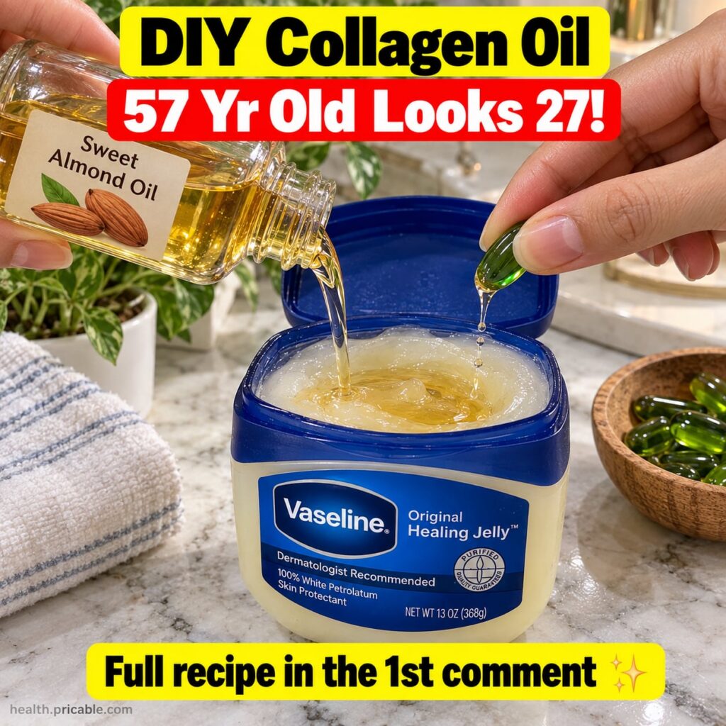 Ingredients for a homemade collagen oil including a jar of Vaseline a bottle of almond oil and vitamin E capsules laid o