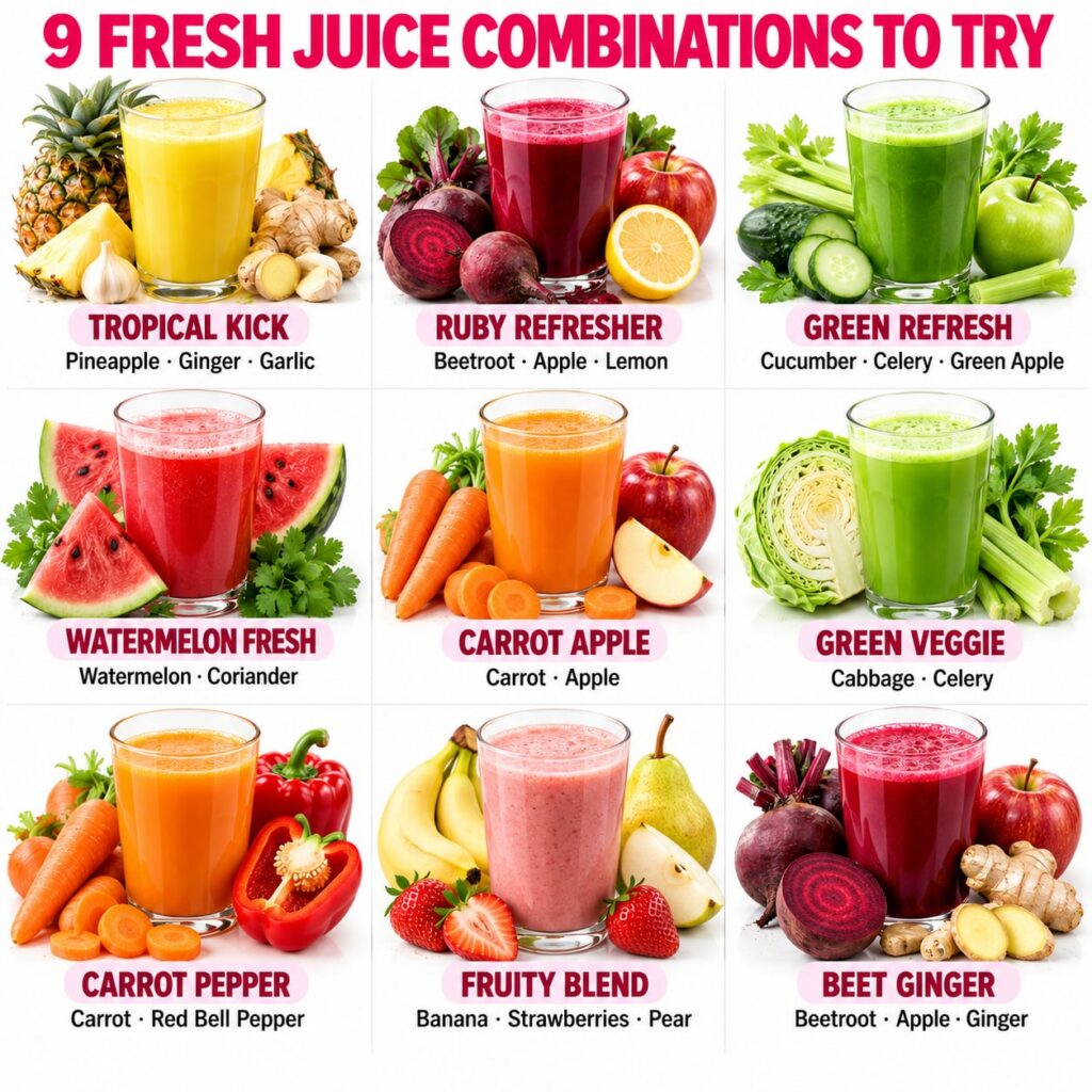 A vibrant array of fresh juices in different colors each with its corresponding fruits and vegetables laid out nearby Th