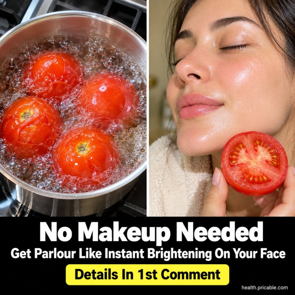 A sliced red tomato on a wooden cutting board with a small bowl of tomato pulp and rice flour beside it suggesting ingre