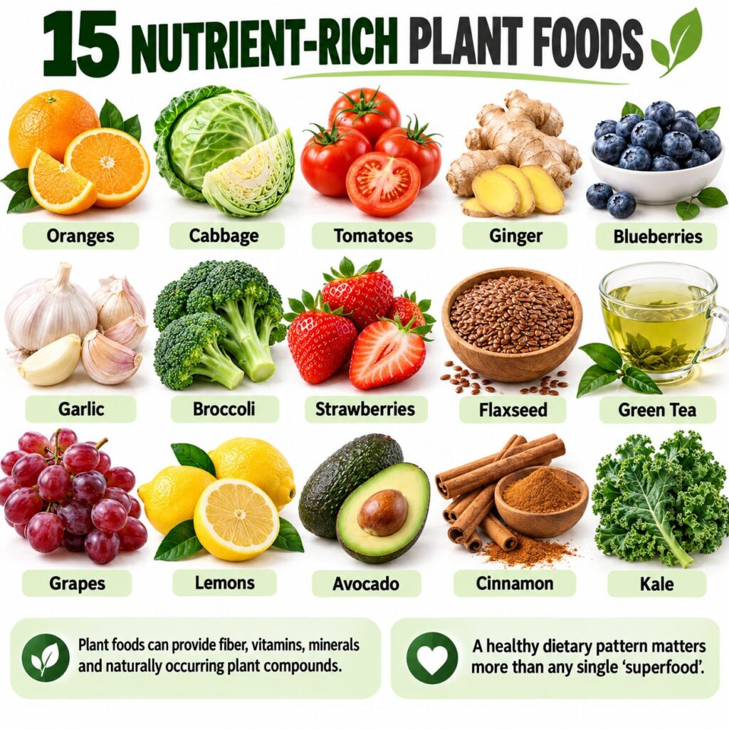 A vibrant array of colorful fruits and vegetables including oranges berries broccoli tomatoes flaxseeds and leafy greens