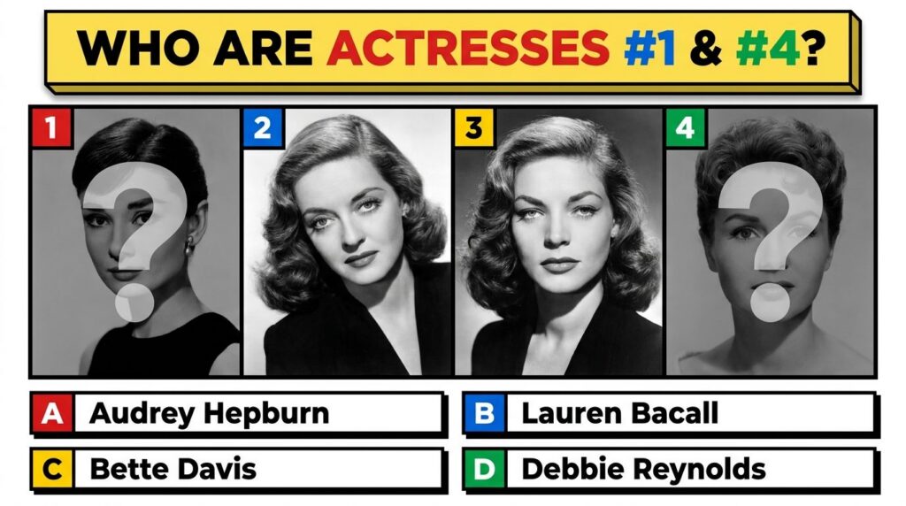 A vintage-style collage of multiple classic Hollywood actresses numbered in a quiz format