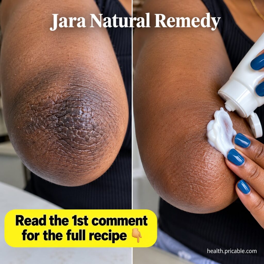 A woman gently scrubbing her elbow with a natural DIY scrub featuring lemon sugar and honey ingredients in the backgroun