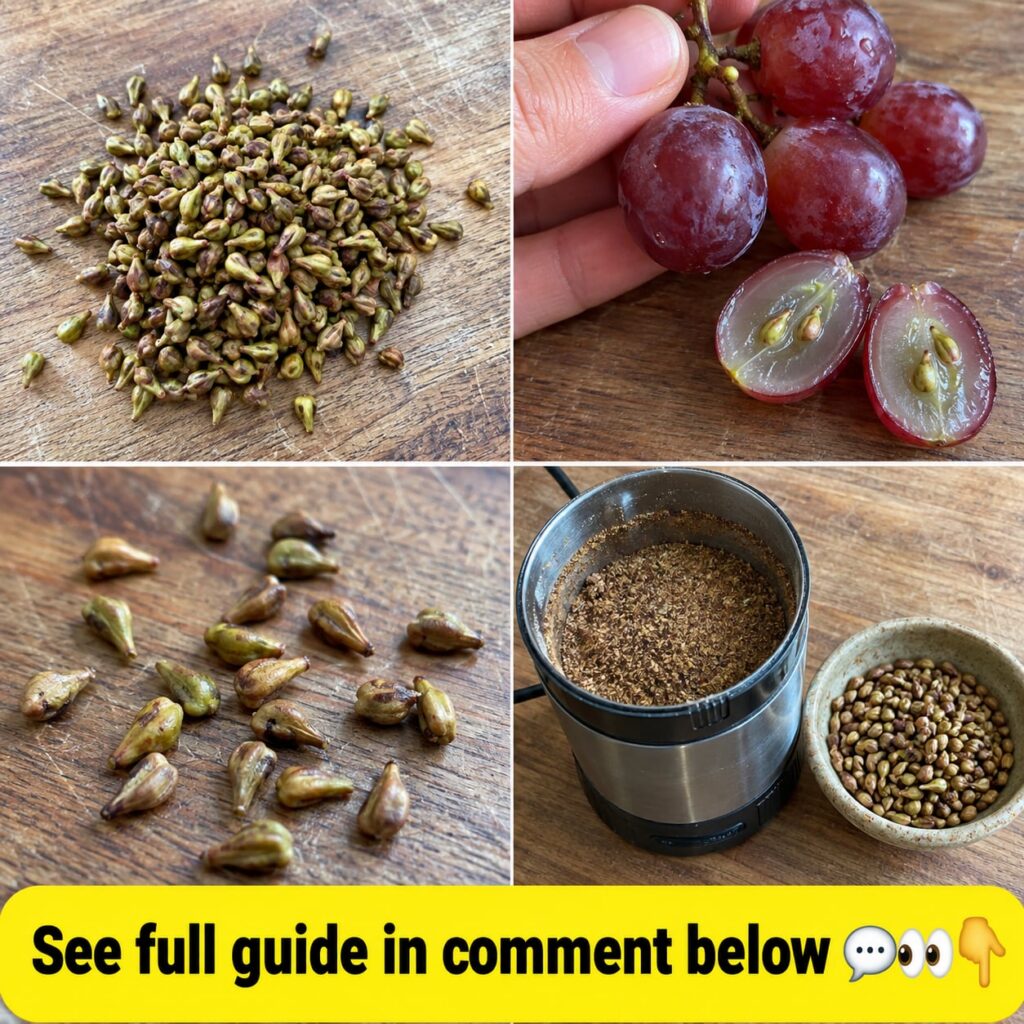 Close-up shot of ripe purple grapes with some of the grapes cut open to reveal the seeds inside emphasizing the seeds as