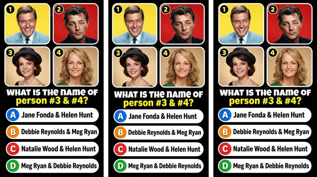 A quiz image showing multiple classic Hollywood actresses with particular focus on faces 3 and 4 for a guessing game