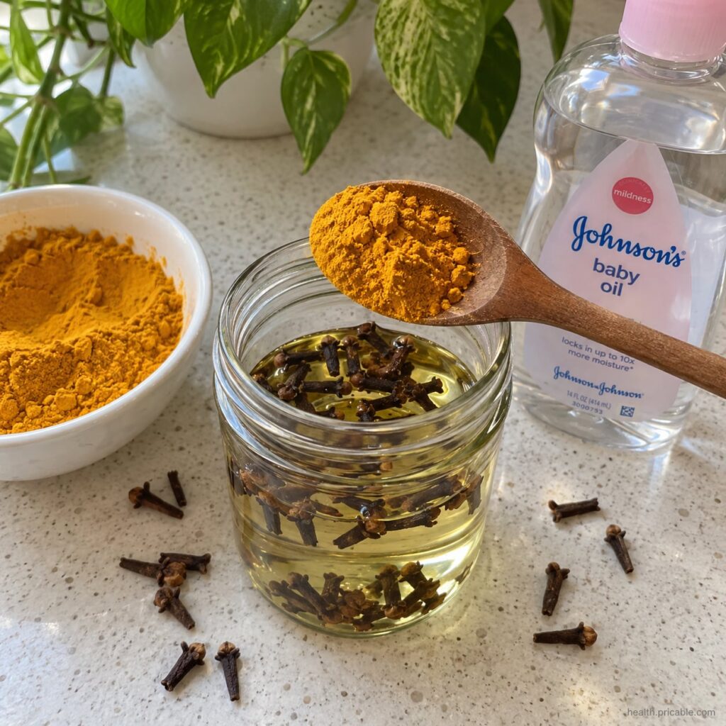 A small glass dropper bottle filled with golden Botox Oil on a clean white surface surrounded by some natural ingredient