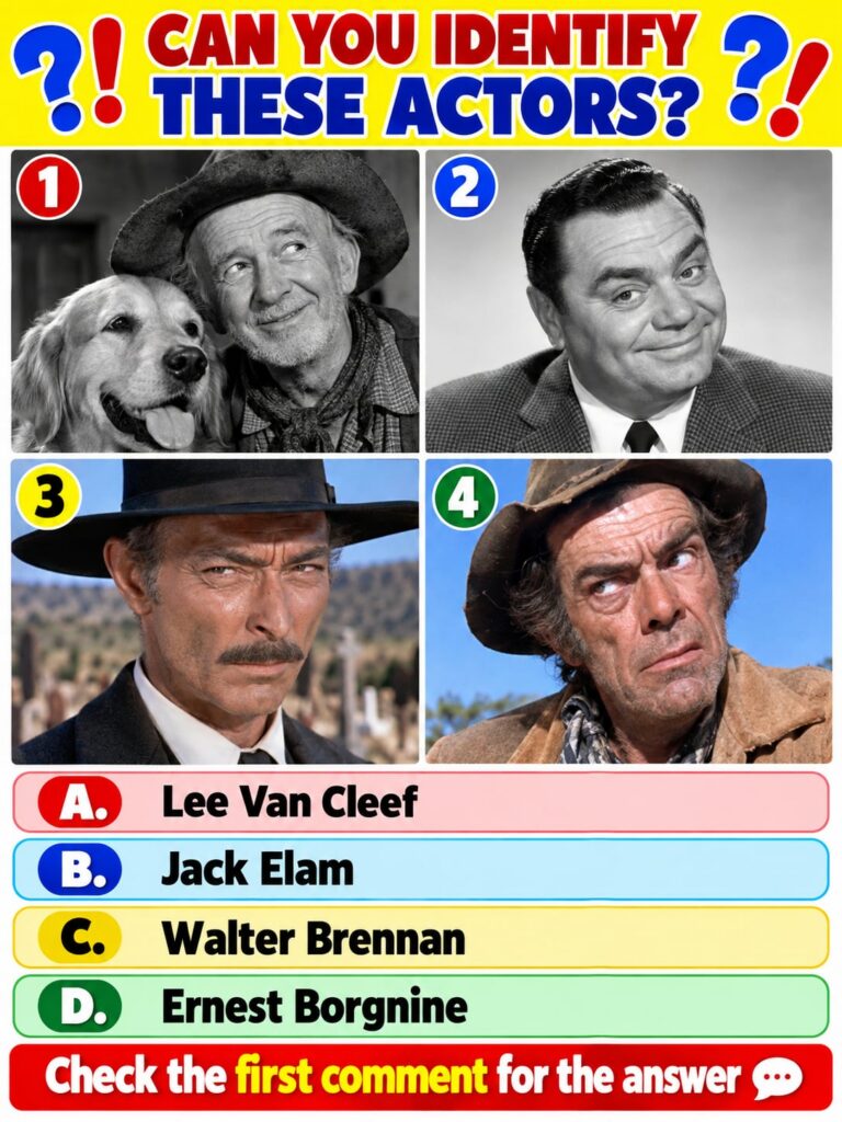 A black and white image of four classic Hollywood actors styled as a quiz with the question Can You Name These Classic H