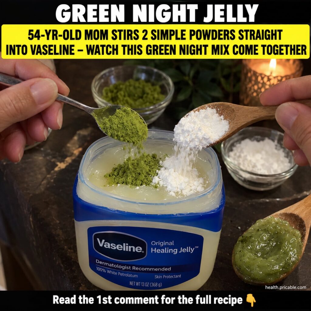 A small clear glass jar filled with a pale green jelly-like substance next to a tube of Vaseline and small bowls of gree