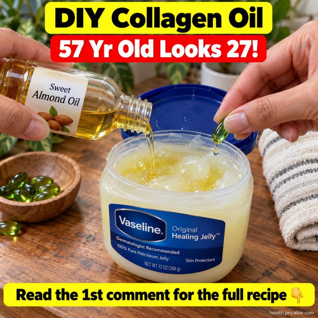 A small glass jar of golden homemade beauty oil with visible ingredients like a tube of Vaseline a bottle of almond oil 