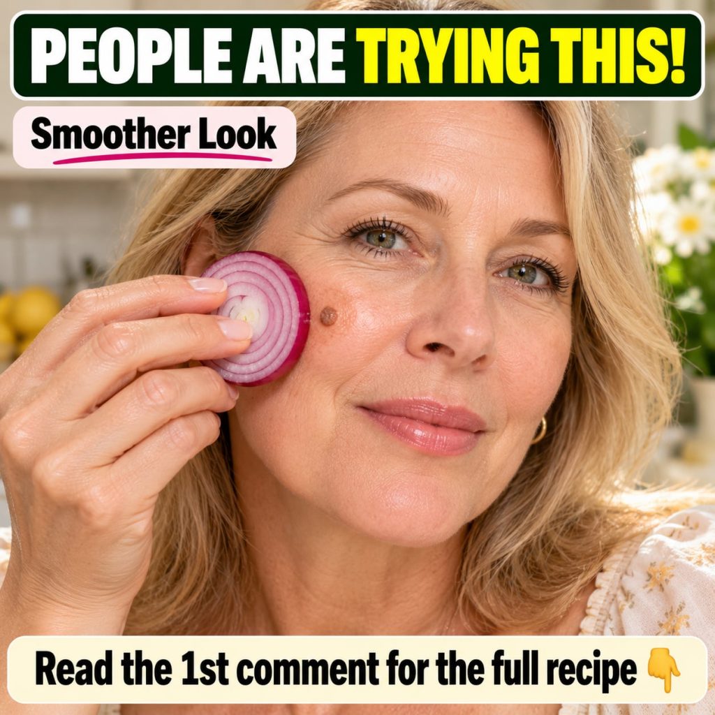 Sliced onion on a clean surface possibly with a cotton pad or bandage nearby indicating preparation for a skin remedy Gr
