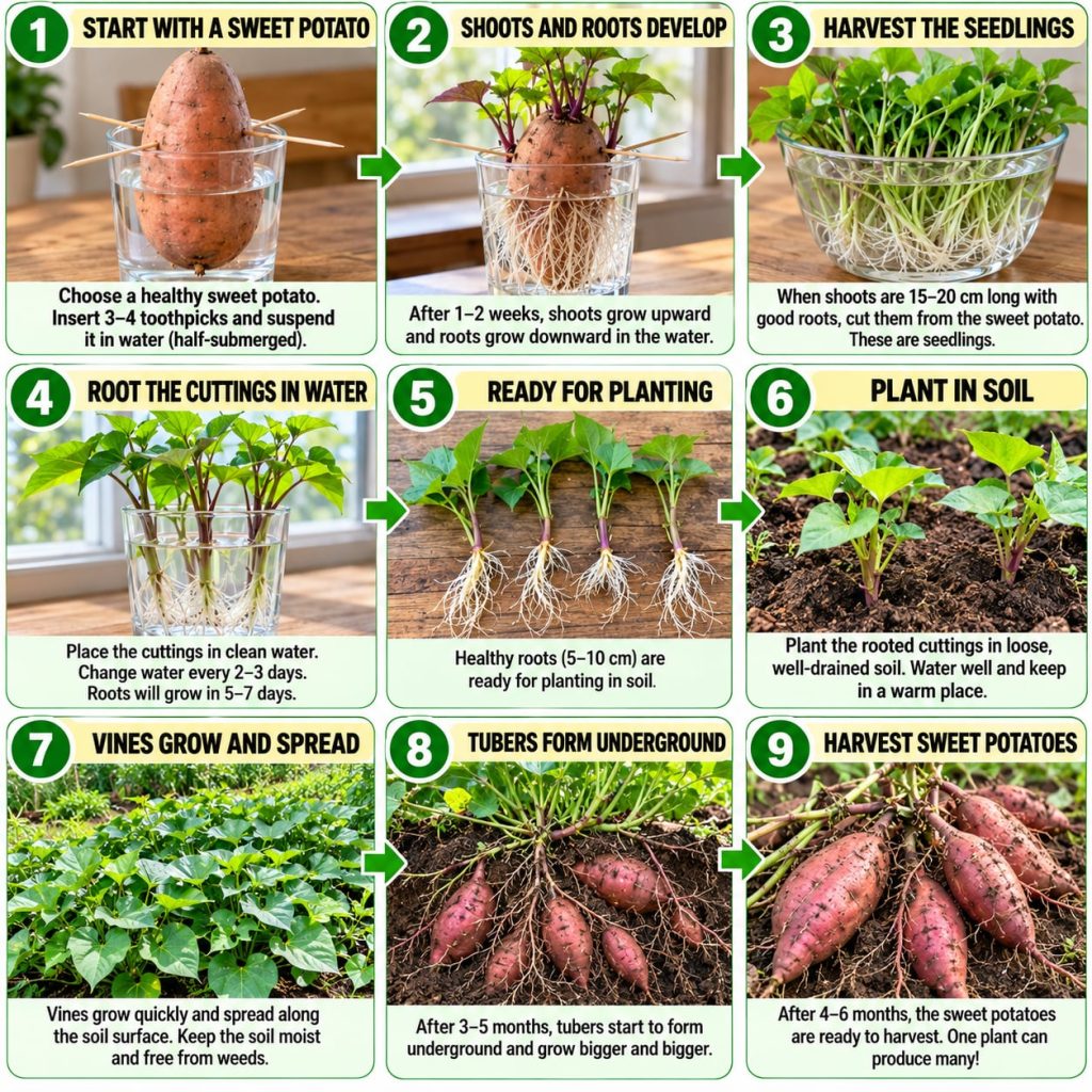 A whole sweet potato with toothpicks inserted suspended over a jar of water showing small roots and green sprouts slips 
