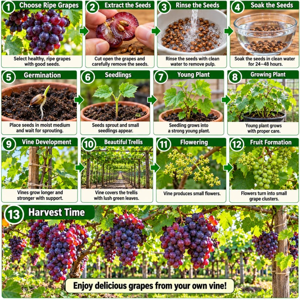 A visual step-by-step guide illustrating the process of growing grapes from seeds at home including cleaning seeds strat