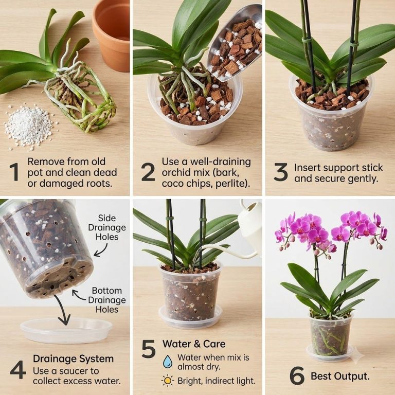 Hands gently removing an orchid from its old pot revealing healthy roots with new orchid potting mix and a clean pot in 