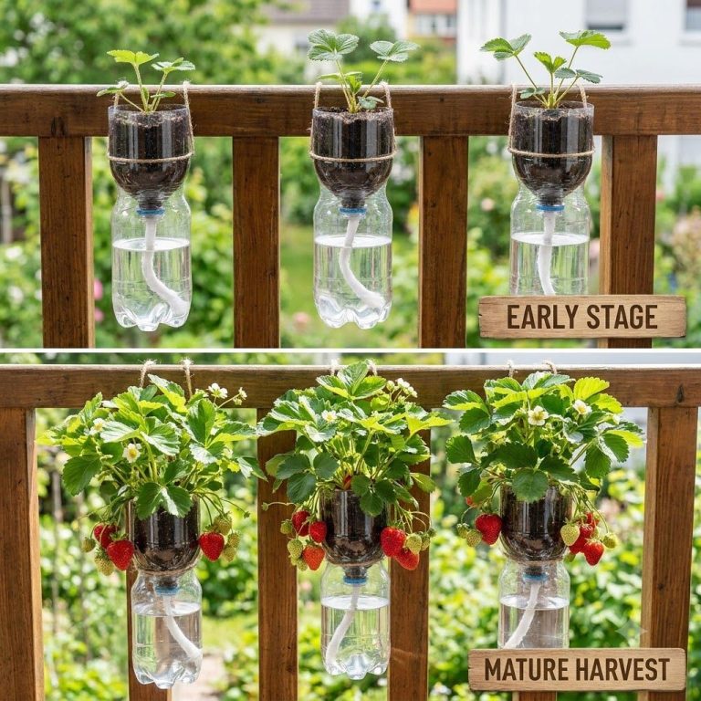 A vibrant balcony garden with several thriving strawberry plants in DIY self-watering bottle systems The plants are lush