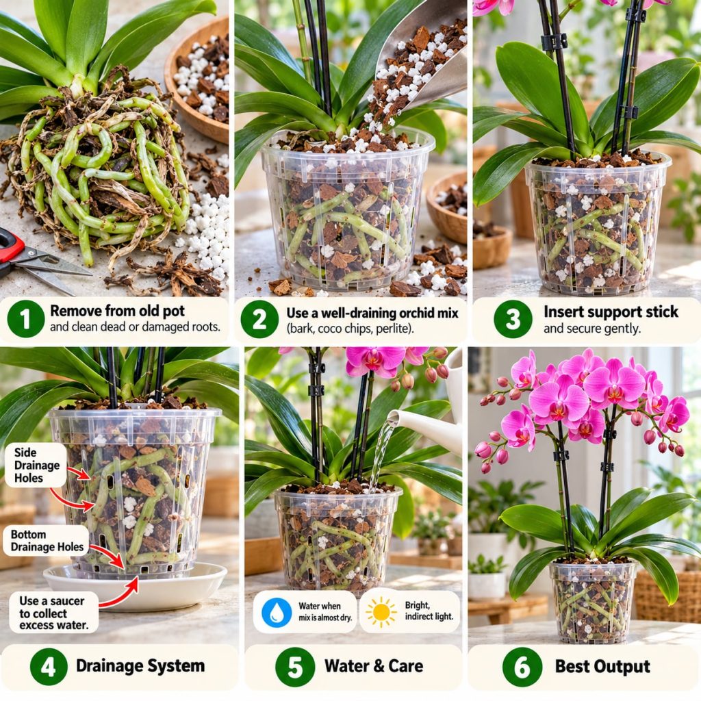 A step-by-step visual guide showing the process of repotting an orchid The image features lush green orchid leaves and h