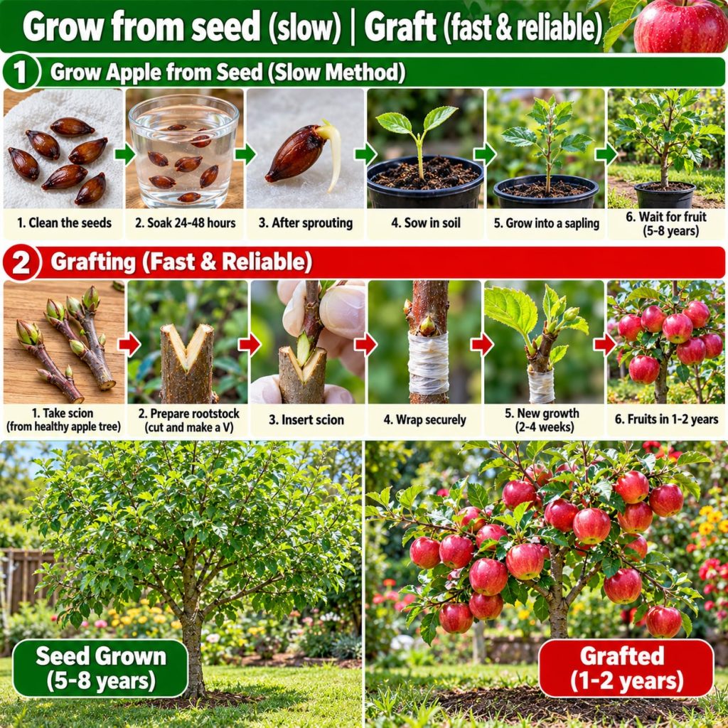 A vibrant bright HD infographic illustrating the process of growing apple trees showing steps from seed stratification t