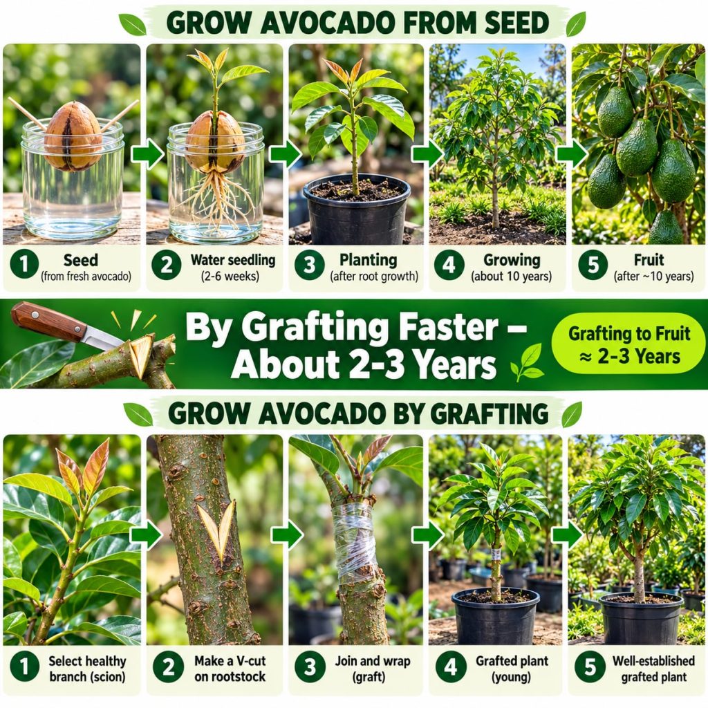 A vibrant lush green avocado tree with some ripe and unripe avocados hanging The leaves are glossy and healthy In the fo