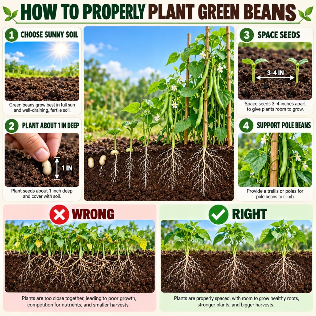 A vibrant close-up shot of healthy green bean plants with lush green foliage and developing pods in a sunny home garden