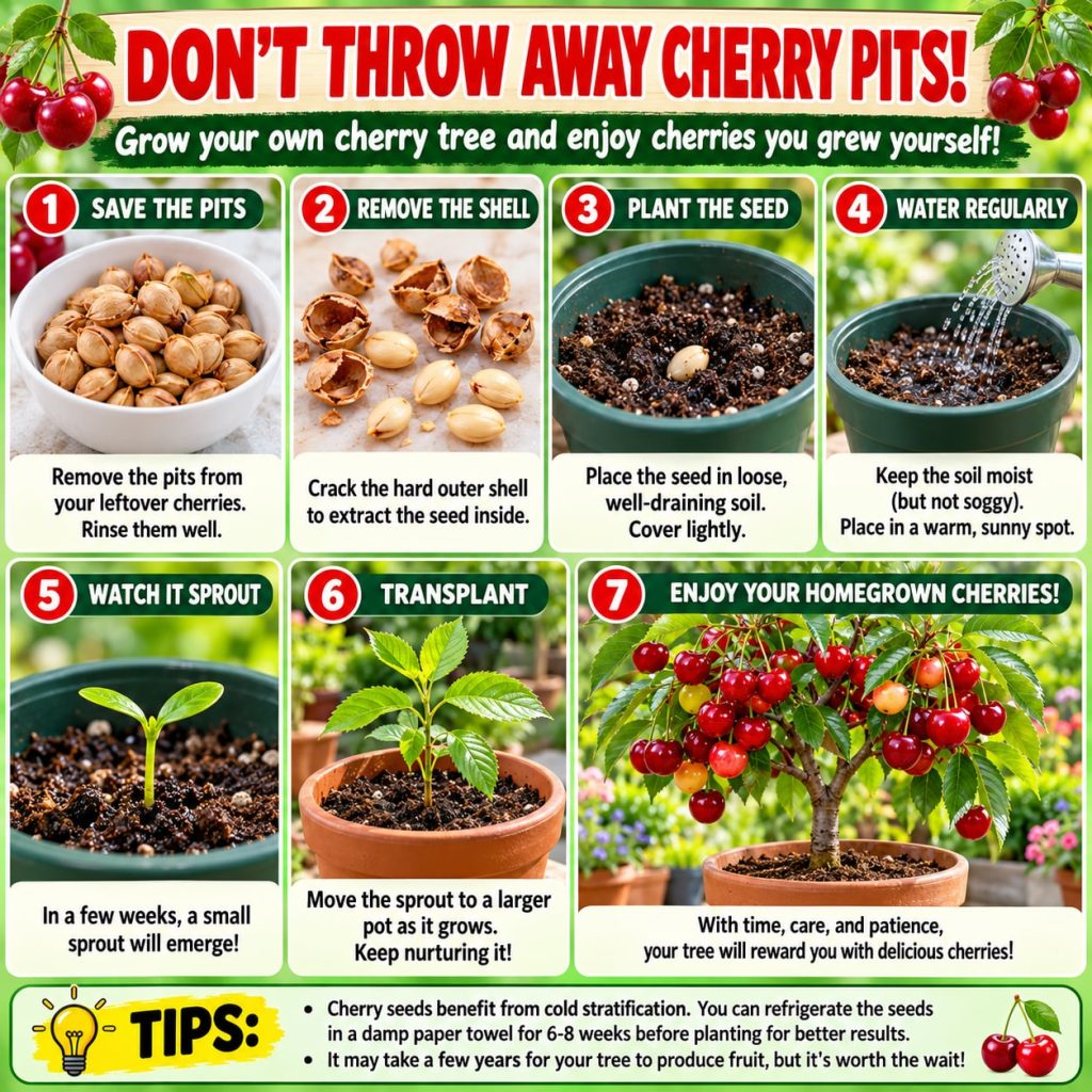 A vibrant step-by-step infographic showing the process of growing a cherry tree from a pit with clear text lush green pl