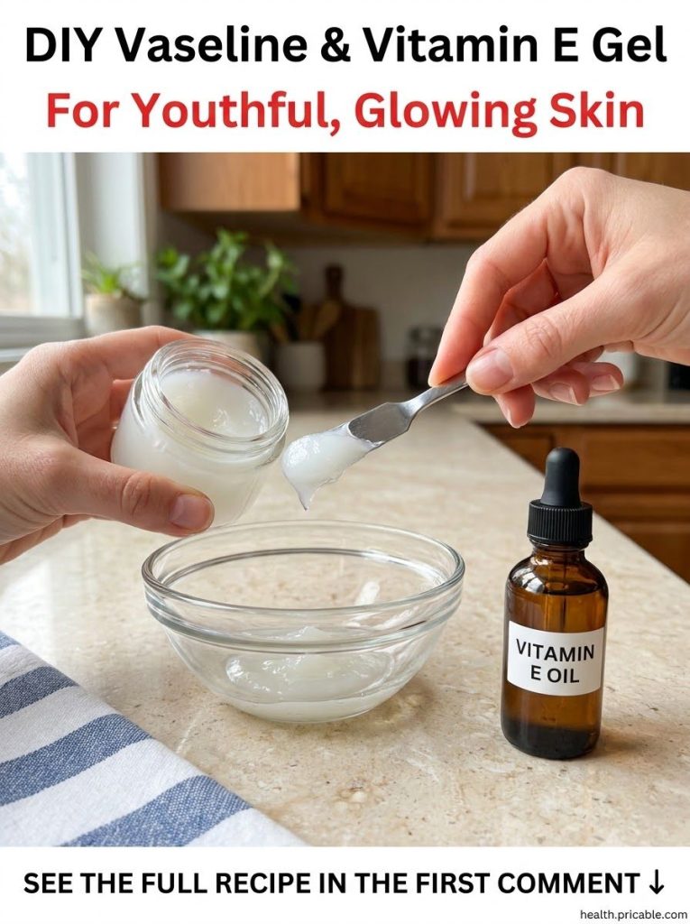 Ingredients for DIY Vaseline and Vitamin E gel showing a jar of Vaseline and a bottle of Vitamin E oil on a clean light 