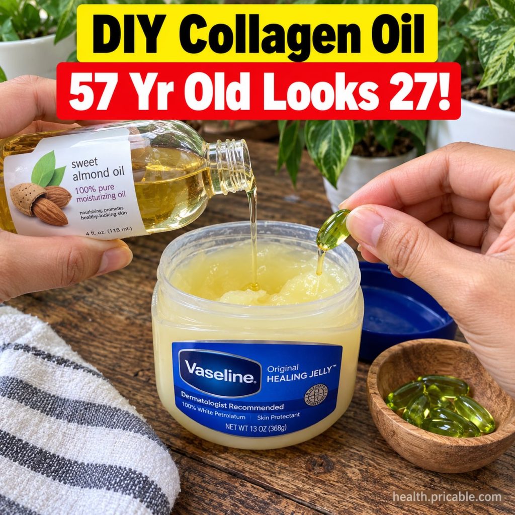 A woman applying a small amount of golden face oil to her cheek with a dropper with a soft glow on her skin and a bottle
