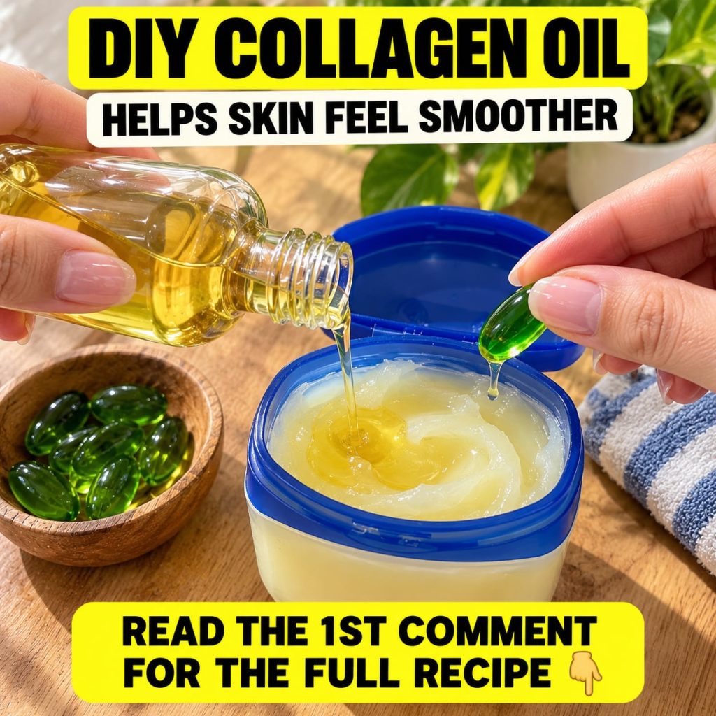 Hands preparing DIY Collagen Oil pouring golden oil into a jar with a creamy substance and squeezing a green vitamin E c