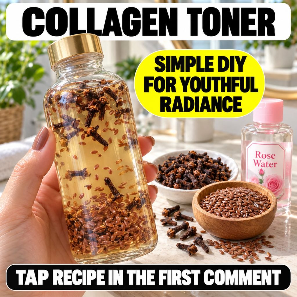 A close-up of a hand holding a clear glass bottle of DIY Clove and Flaxseed Collagen Toner The light amber liquid inside