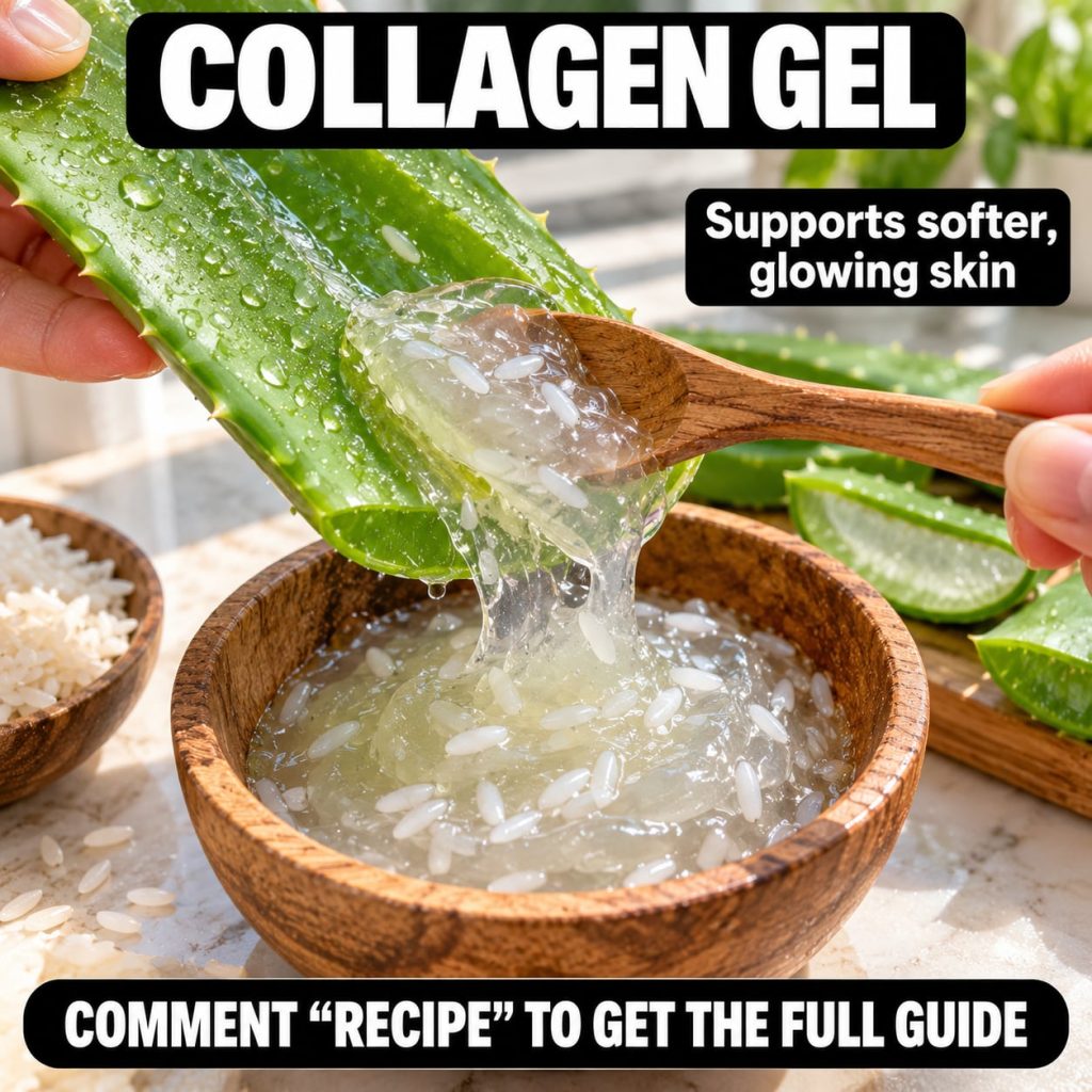 A close-up of hands extracting translucent aloe vera gel mixed with white rice grains from a fresh aloe leaf into a rust