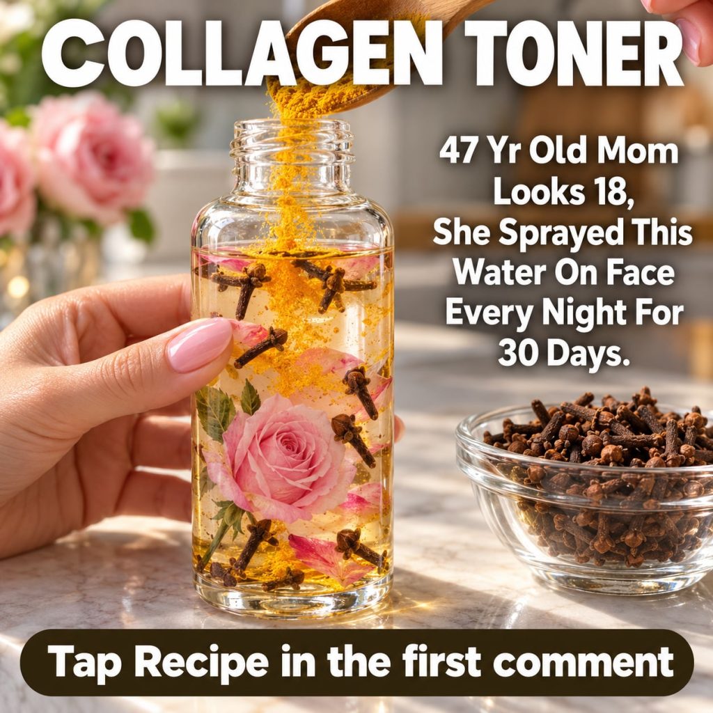 A clear glass bottle being filled with turmeric powder containing rose petals and clove buds with a bowl of cloves on th