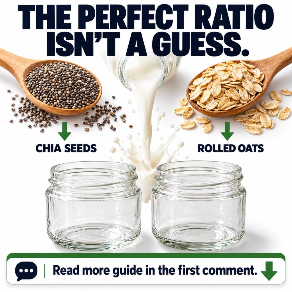 Chia seeds and rolled oats in separate wooden spoons with milk being poured into the center and two empty glass jars bel